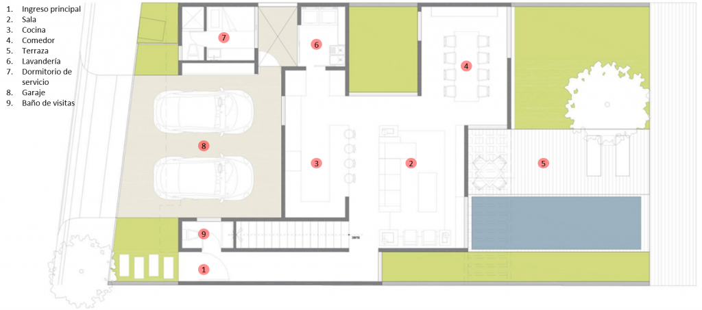Planta del primer nivel de la moderna casa